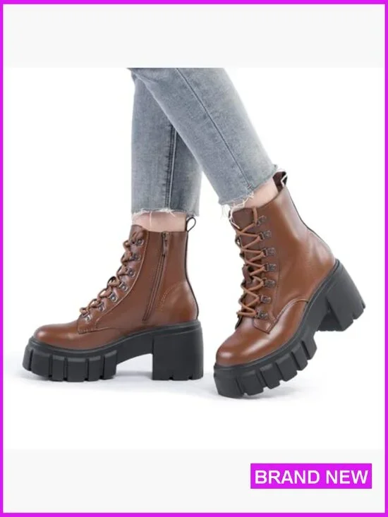 Combat Boots Chunky Platform Lace Up Side Zipper Ankle Booties Lightweight - Picture 2 of 7